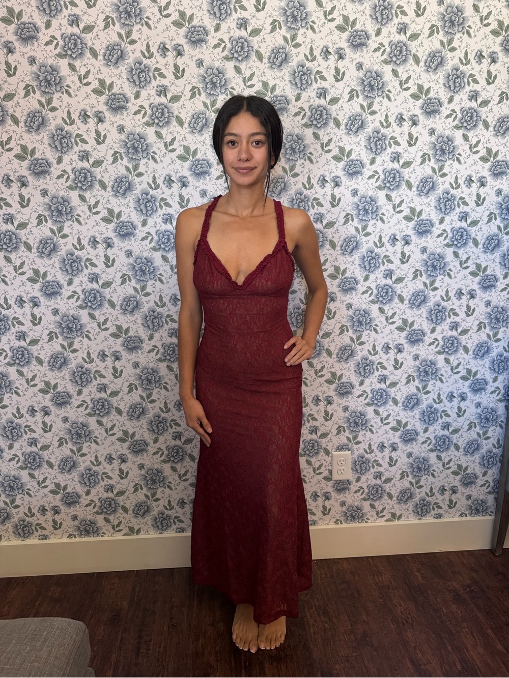 Bardot Wine Lace Maxi Slip Dress